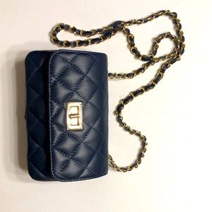 Vera Pelle Quilted Navy Leather Crossbody Clutch with Gold Chain